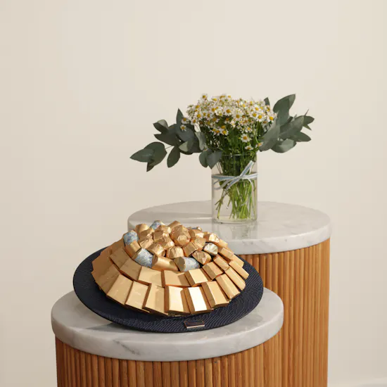 Bostani Assorted Chocolates Navy Leather Tray | Harmony of Light Flowers Vase