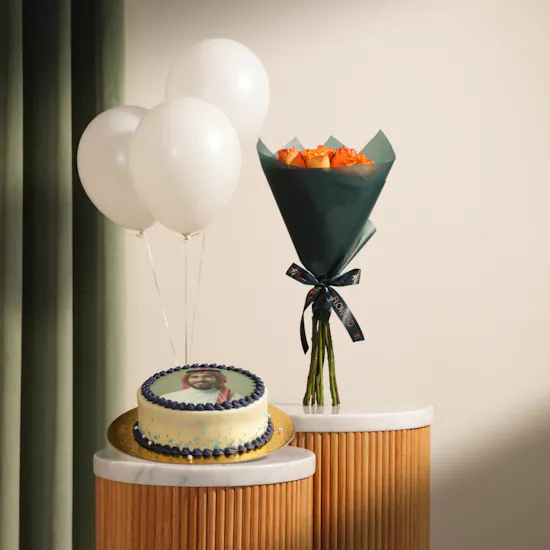 Floward Personalized Photo Chocolate Blue Cake | Shiny Flowers Bouquet and White Balloons