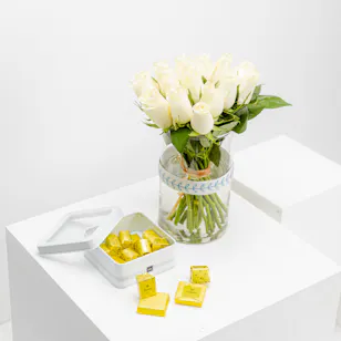 Patchi Tin Chocolate Box | White Roses Vase Patchi Tin Chocolate Box | White Roses Vase