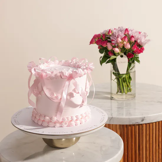 December Cake Pink Ribbon Cake | Bright Flowers and Balloon