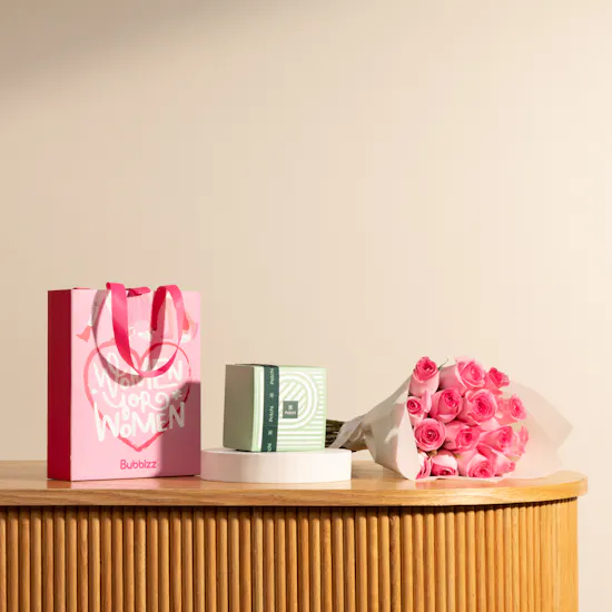 Bubblzz Women For Women Gift Set | Patchi Chocolate and Flowers