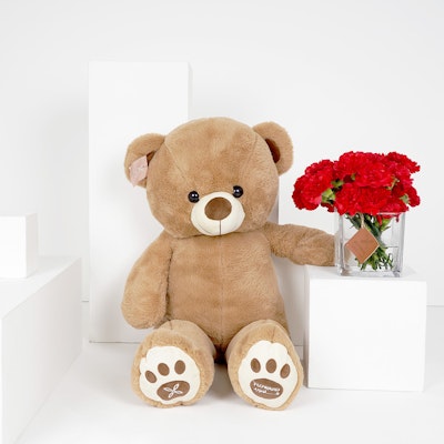 Medium Red Carnations Square Vase with a Medium Teddy Bear