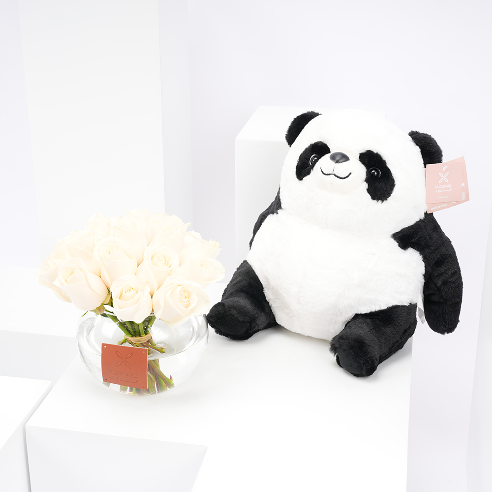 Floward Plush Panda with 20 White Roses Vase