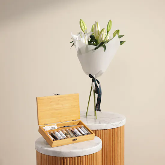 Feel Good Tea Wooden Box | White Lilies Bouquet