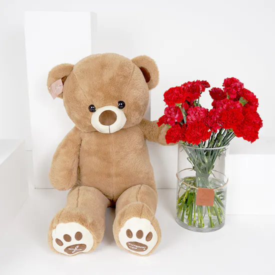 Medium Red Carnations Cylinder Vase with a Medium Teddy Bear