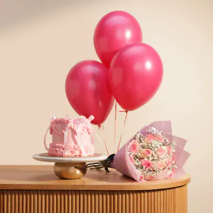 Sweet Atelier Pink Heart Cake | Pinkish Flowers Bouquet 