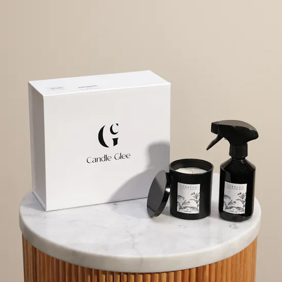 Candle Glee Gift Box Tobacco Scent | Room & Linen Spray | Scented Candle