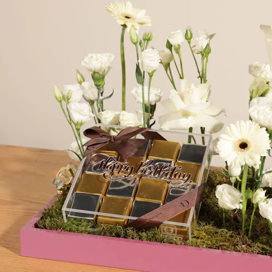 Ghazl Chocolatier Happy Birthday Chocolate Box | White Flower Tray