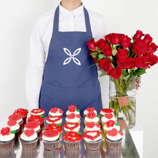 Large Red Roses Cylinder Vase with 24 Cupcakes