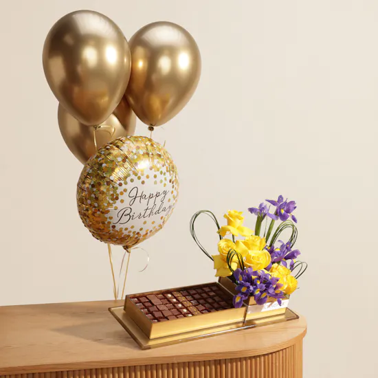 Abucci Golden Chocolate Tray and Flowers | Birthday Balloon Set