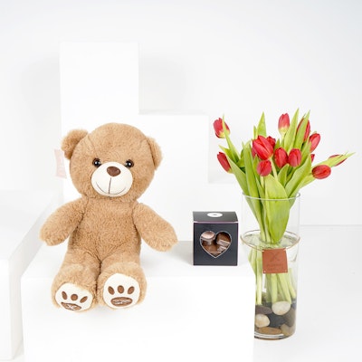 Small Red Tulips Cylinder Vase with a Small Teddy Bear and Small Chocolate Box