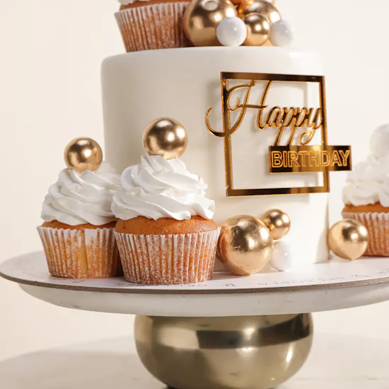 December Cake Golden White Birthday Cake and Cupcakes