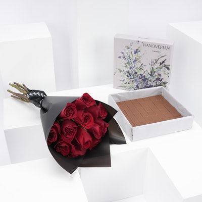 Hanoverian Chocolate with Caramel Box with 12 Red Roses Bouquet