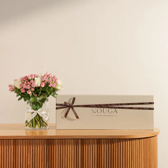 Nouga Congrats Bonbons Chocolates Classic Trio Box | Celebration Moment Flower Vase