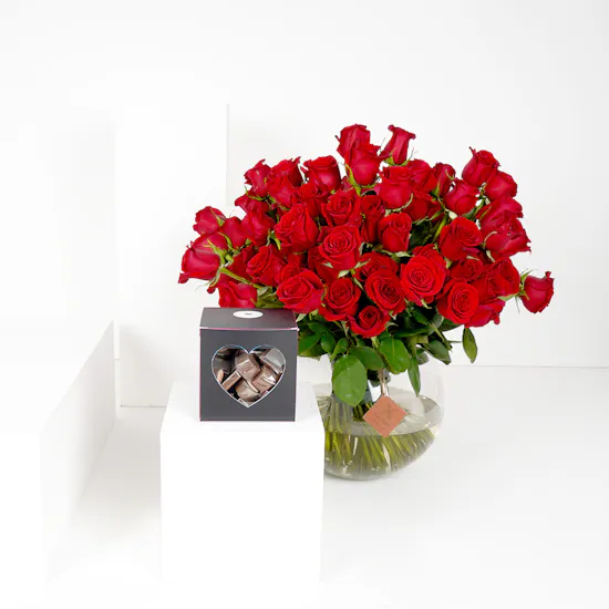 Large Red Roses Fish Bowl Vase with a Large Chocolate Box