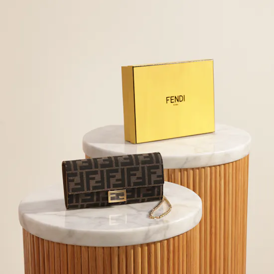 Fendi Baguette Continental Women's Brown Fabric Wallet with Chain