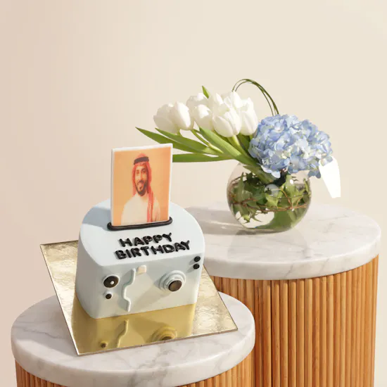 Floward Personalized Photo Blue Camera Cake | Sky Beauty Flower Vase