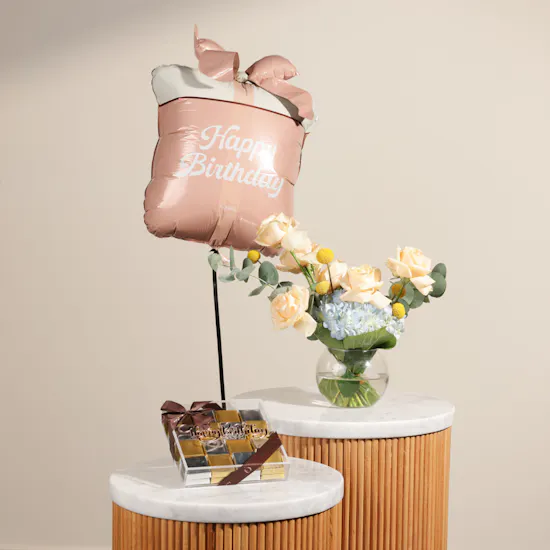 Ghazl Chocolatier Happy Birthday Chocolate Box | Flowers and Birthday Balloon