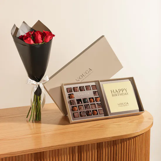 Nouga Happy Birthday Bonbon Chocolate Box | Shinny Roses Bouquet