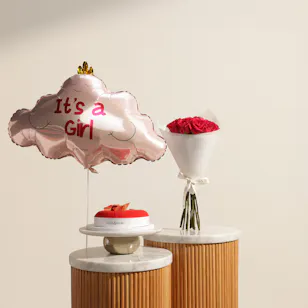 Aani & Dani Red Velvet Cake | Baby Girl Arrival Flowers and Balloon