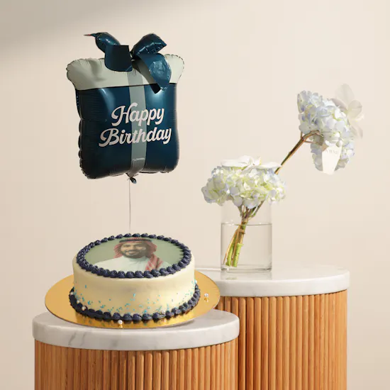 Floward Personalized Photo Blue Cake | Birthday Flowers and Balloon