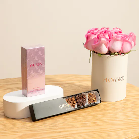 Guess Pink EDP For Women | Giovanni Dark Chocolate Caramel Mini Box and Flowers