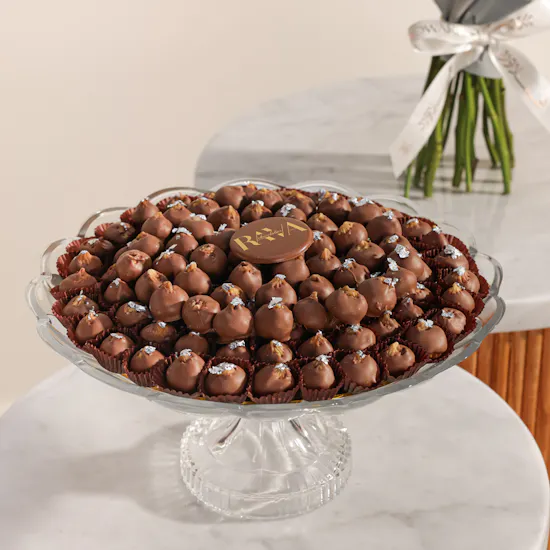Rava Dried Figs Covered with Chocolates Crystal Tray | Soft Blossoms Bouquet