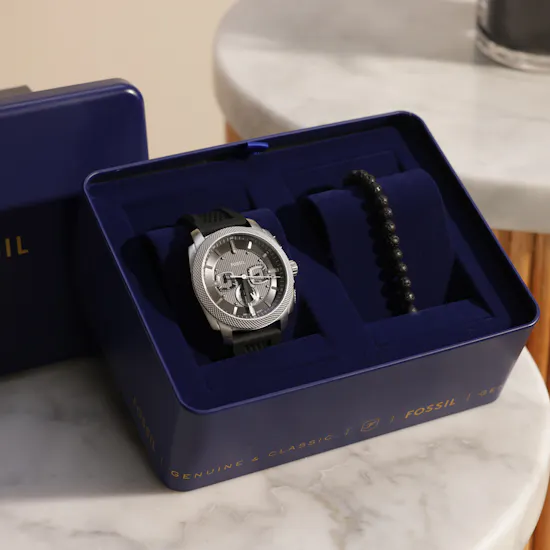 Fossil Machine Chronograph Black Silicone Men Watch Set | Royal Flower