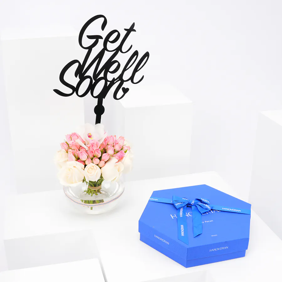Hanoverian Pecan Chocolate with Get Well Soon Blooms Vase 1