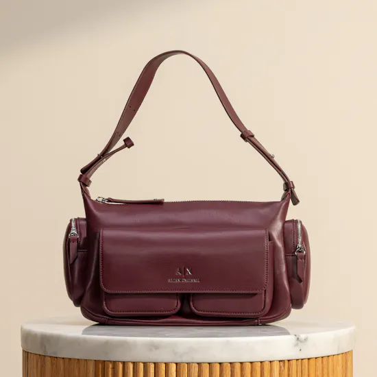 Armani Exchange Large Burgundy Shoulder Bag with Side Pockets