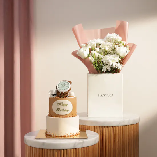 Floward Golden Moments Celebration Cake | Soft Glow Flower Bouquet