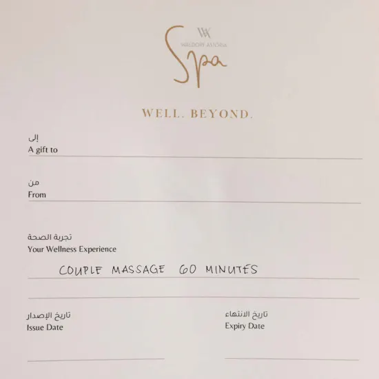 Waldorf Astoria Spa 60 Minutes Couple Massage Gift Voucher