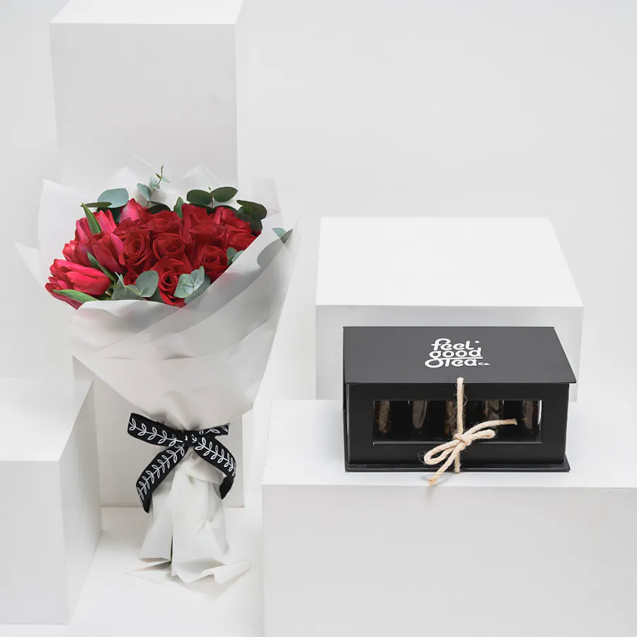 Feel Good Tea Black Discovery Box | Red Blooms Bouquet 1