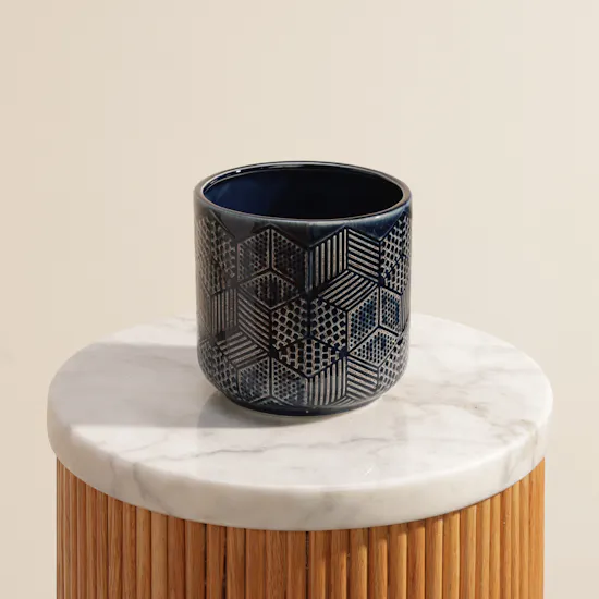 Floward Blue Geometric Pattern Cylinder Ceramic Vase