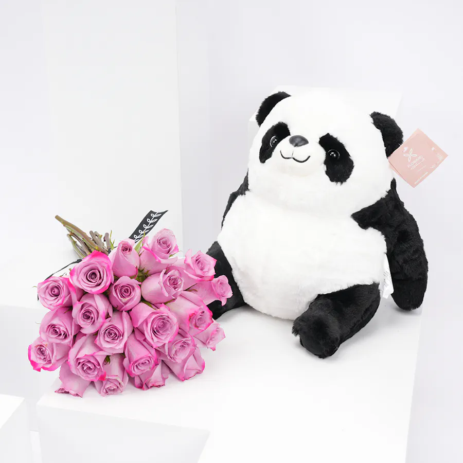 Floward Plush Panda with 20 Purple Roses Bouquet 1