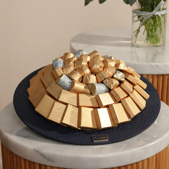 Bostani Assorted Chocolates Navy Leather Tray | Harmony of Light Flowers Vase