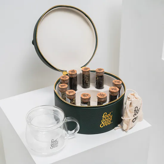 Feel Good Tea Green Leather Tea Box | White Lilies