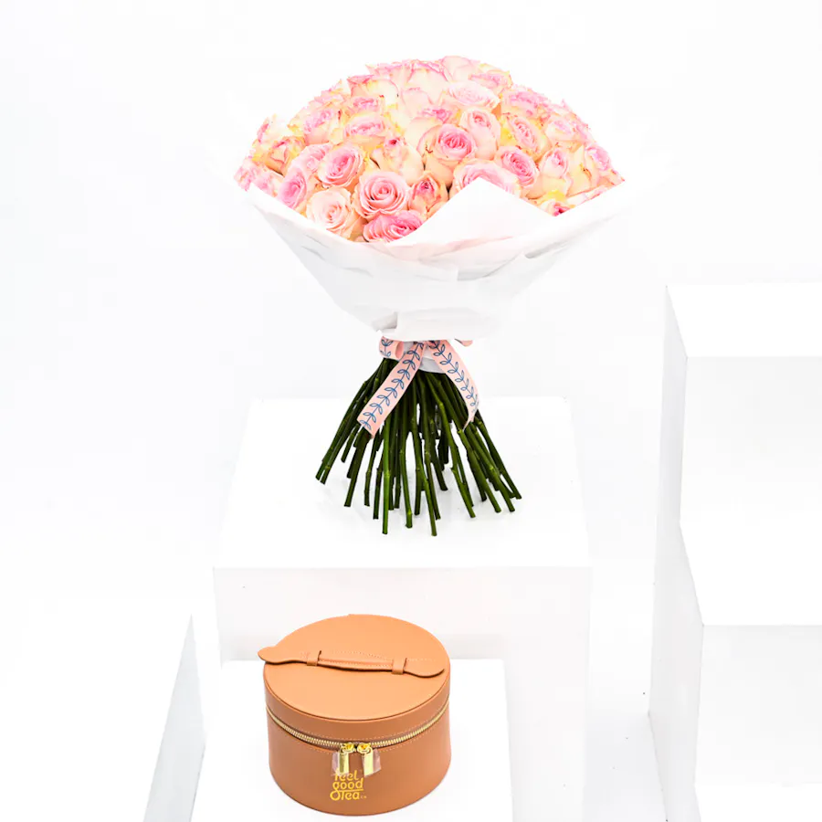Brown Leather Box& 70 Pink Roses 2