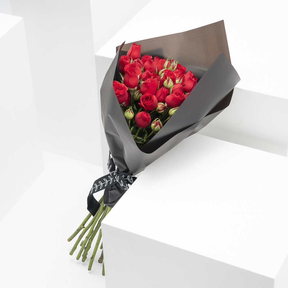 10 Red Baby Roses | Black Wrap | Bouquet
