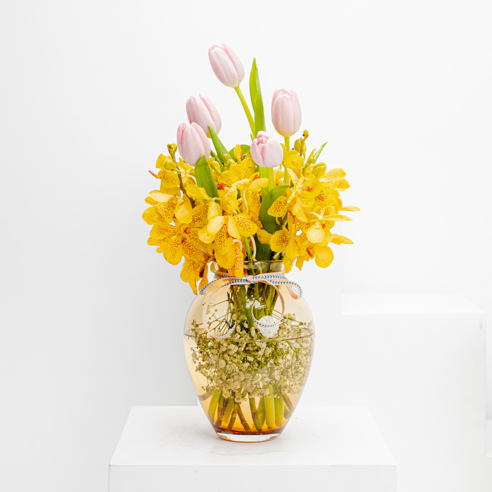 Pink Tulip & Yellow Orchid | Glass Vase