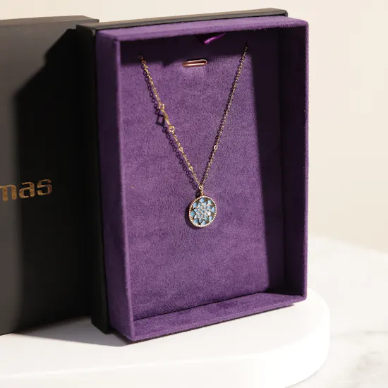 Damas Amelia Madinah Yellow Gold Sky Blue and White Mother of Pearl Necklace
