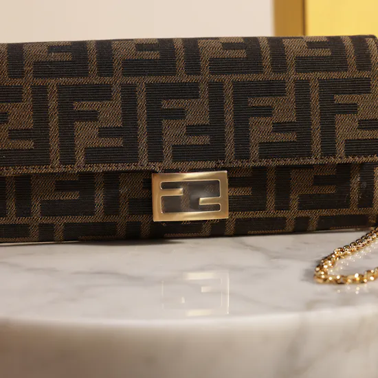 Fendi Baguette Continental Women's Brown Fabric Wallet with Chain