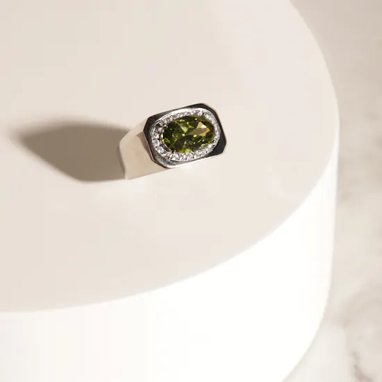 Floward Silver Ring & Earrings Set | Olive Color