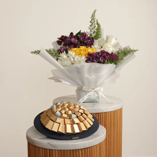 Bostani Assorted Chocolates Navy Leather Tray | Grand Flower Bouquet