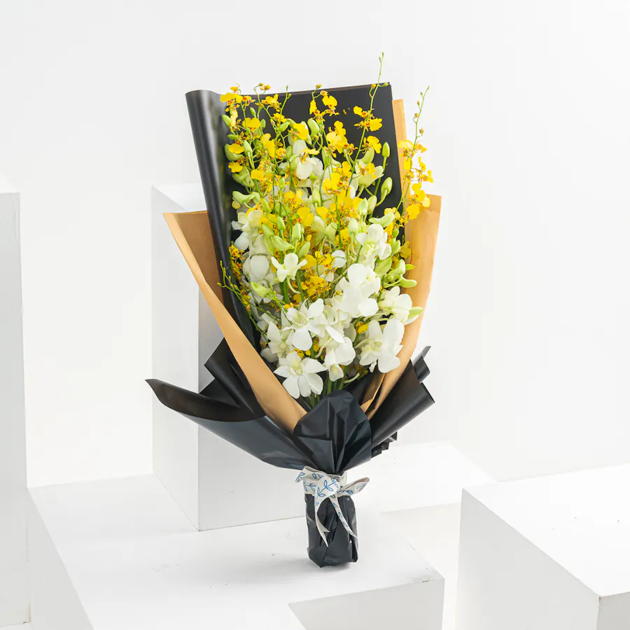 10 White Baby Orchid & 10 Yellow Oncidium | Hand Bouquet 1