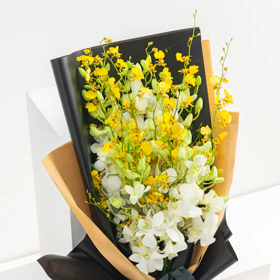 10 White Baby Orchid & 10 Yellow Oncidium | Hand Bouquet