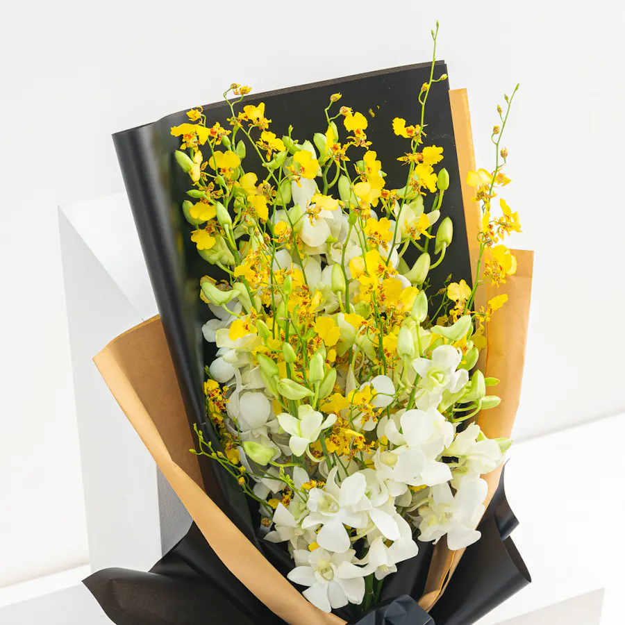 10 White Baby Orchid & 10 Yellow Oncidium | Hand Bouquet 2