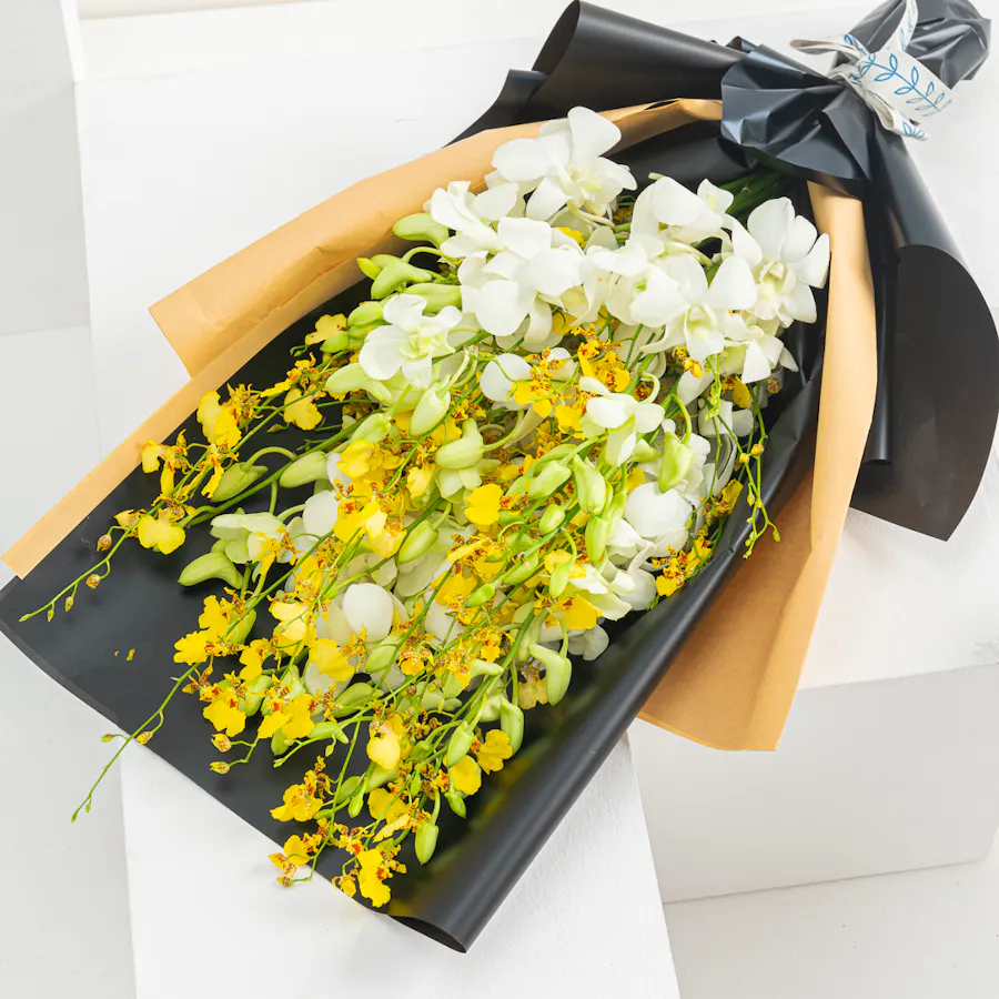 10 White Baby Orchid & 10 Yellow Oncidium | Hand Bouquet 3
