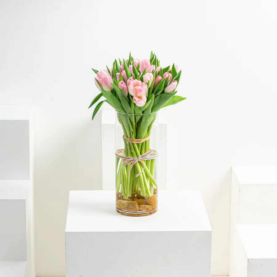 [USED IN AUTOMATION] Pink Tulips | Cylinder Vase 1