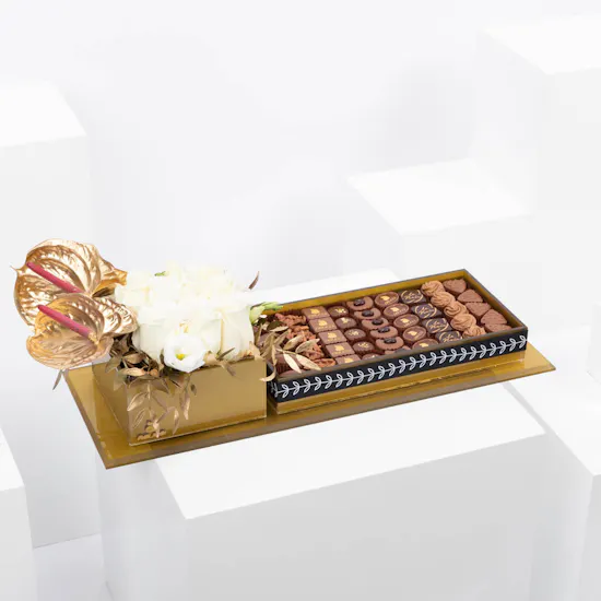 Gold Tray of Abucci Chocolate with Flowers